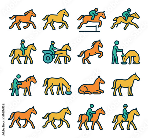 Linear horse icon set featuring rider, jumping, feeding, carriage, and sitting horse symbols
