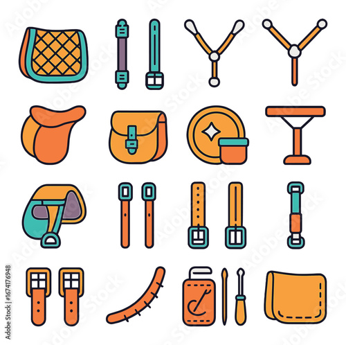 Flat equestrian icon set featuring saddle, bridle, stirrup, girth, reins, and hoof pick symbols