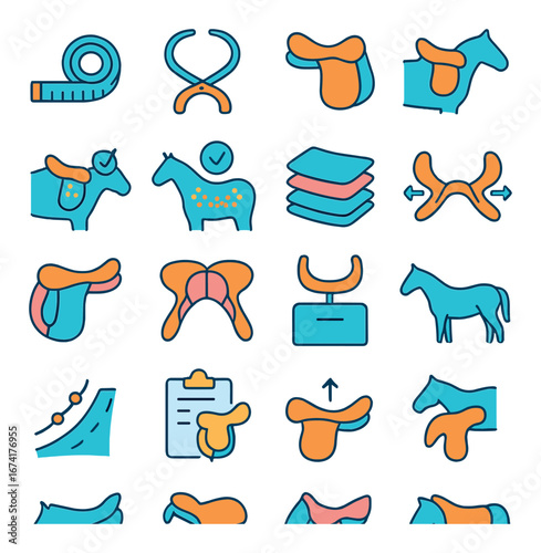 Flat horseback riding icon set featuring saddle, bridle, horse, reins, jump, and competition symbols