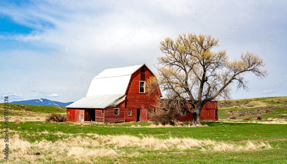 Obraz premium Red Barn on a Spring Day