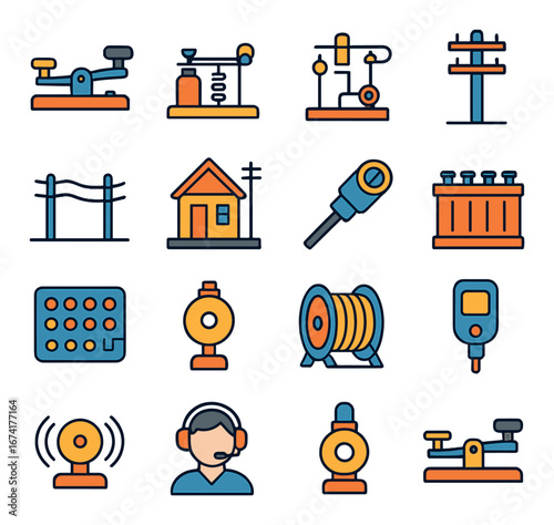 Linear telecommunications icon set featuring switchboard, headset, antenna, modem, cable, and connector symbols