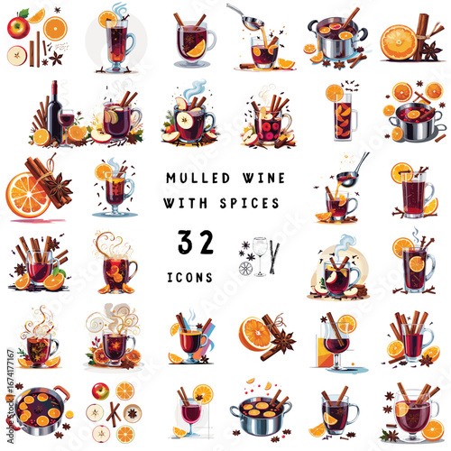 Mulled wine with spices in various styles and seasonal flavors  