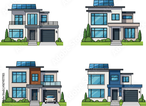 Modern House Vector Set with Solar Panels – Contemporary Eco-Friendly Home Illustrations for Architecture, Real Estate, Urban Planning, and Construction Design Projects