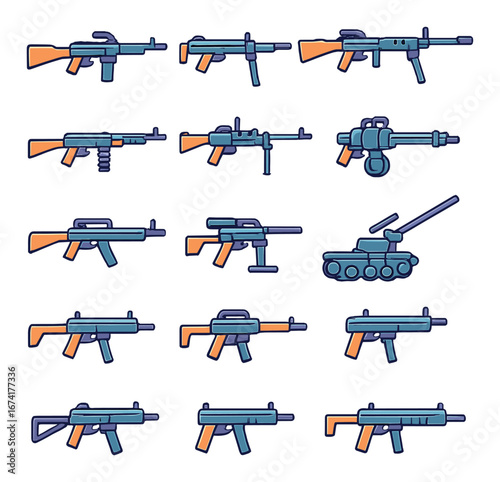 Linear weapons icon set featuring rifles, machine gun, tank, and grenades symbols
