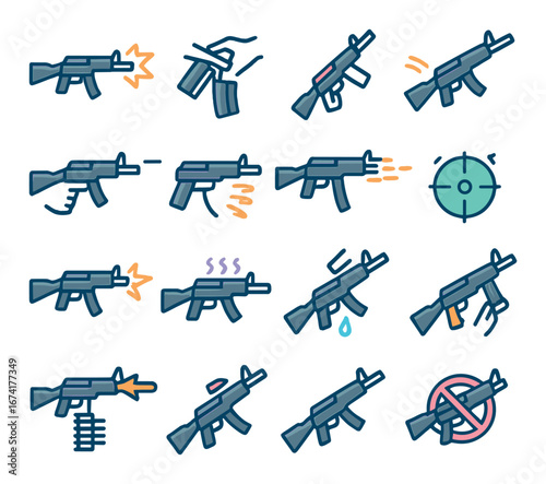 Linear weapons icon set featuring rifle, bullet, crosshair, reload, silencer, and aim symbols