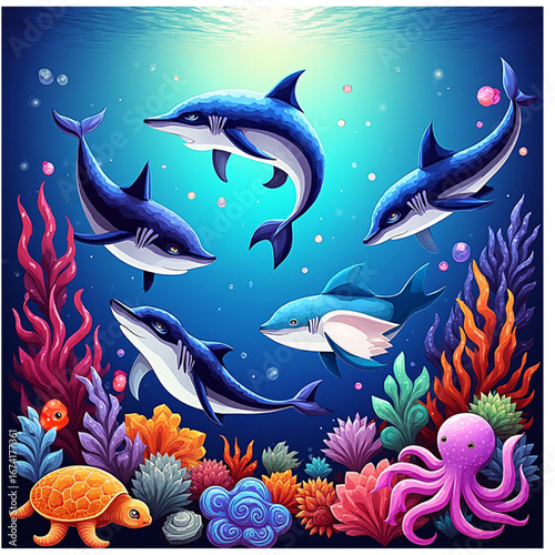 aquatic wildlife, ocean illustration, sea creatures, water world, marine biology, reef life, aquatic 