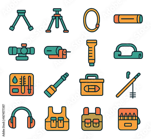 Linear camping icons set featuring tripod, rope, flashlight, compass, and binoculars symbols