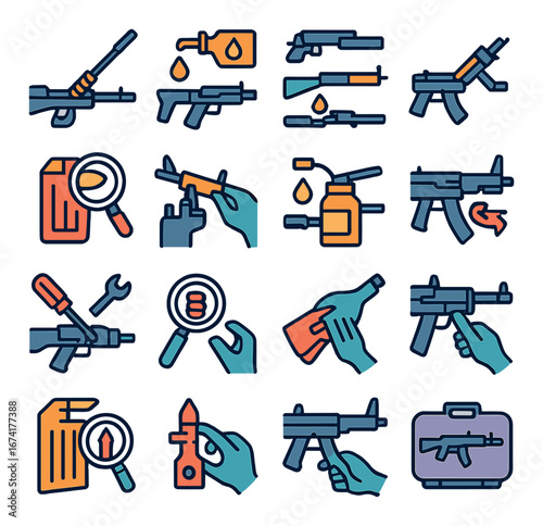 Linear weapon icon set featuring rifle, knife, magnifying glass, bottle, document, and toolbox symbols