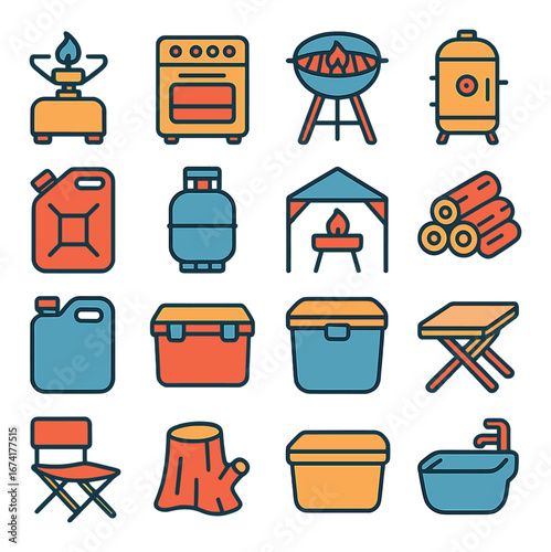 Linear camping icon set featuring stove, oven, grill, smoker, fuel, propane, firepit, and cooler symbols