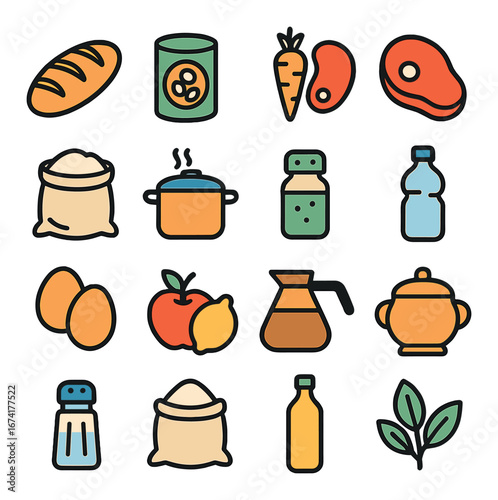 Flat food icon set featuring bread, canned food, carrot, steak, rice, eggs, apple, lemon, pot, salt, bottle, oil, herbs