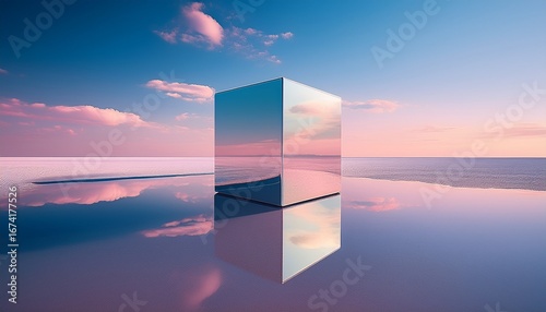 serene reflection of cube reflecting vast sky and horizon in surreal saline landscape abstract architecture