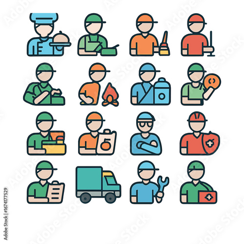 Linear worker icons set featuring chef, cleaner, firefighter, engineer, delivery, doctor, and repair symbols
