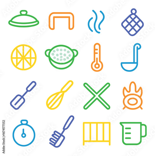 Linear kitchen icon set featuring pan, table, steam, potholder, timer, utensil, whisk, burner, and ladle symbols