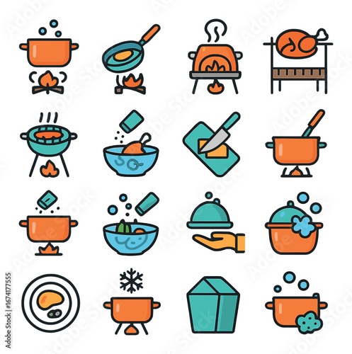 Flat cooking icon set featuring stove, pan, grill, soup, oven, and recipe symbols