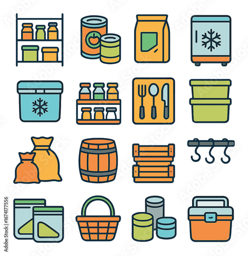 Linear food storage icon set featuring pantry, cans, freezer, basket, jars, bins, and utensils