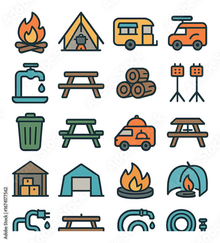 Linear camping icon set featuring campfire, tent, camper, picnic table, wood, and spotlight symbols