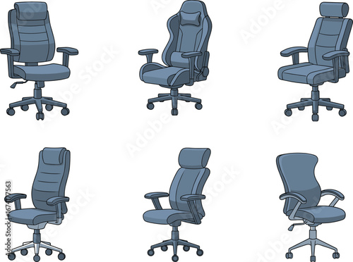 Set of Modern Office Chairs Vector Illustration with Ergonomic Design, Adjustable Features, and Comfortable Seating for Home and Workplace Interiors