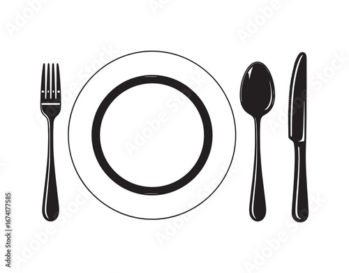 Vector illustration of a dinner set featuring a plate, fork, tablespoon, and table knife.
