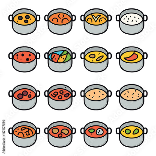 Flat cooking icon set featuring soup, stew, ingredients, spices, seasoning, cuisine, dishes, flavors, and broths