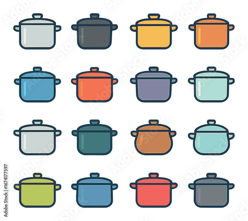 Flat kitchen icon set featuring saucepan, pot, stewpan, casserole, and dutch oven symbols