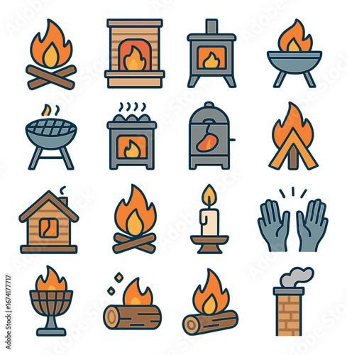 Flat fireplace and fire icon set featuring campfire, grill, stove, candle, chimney, and hands warming symbols