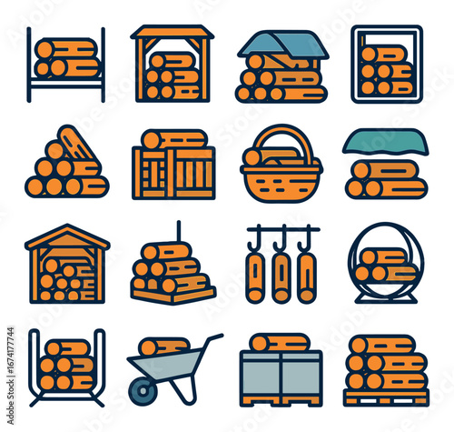 Linear firewood icon set featuring storage shed, log pile, basket, wheelbarrow, and pallet symbols