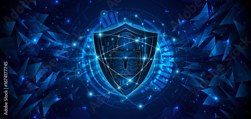 Cyber ​​security concept with shield symbol and lock. Data protection and cyber privacy. Innovative concept of advanced safety technology	