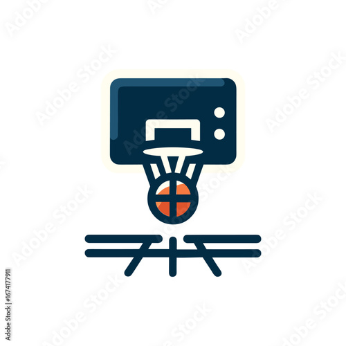Basketball hoop with ball in motion, set against a minimalist background, ideal for sports themes