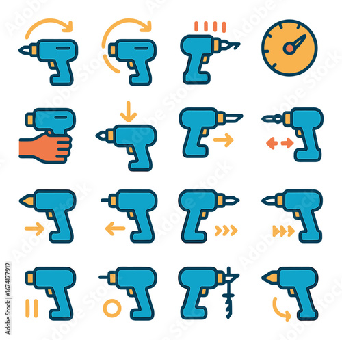 Flat diy tools icon set featuring drill, speed, rotation, drilling, and hand grip symbols