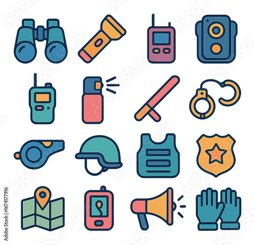 Linear security icon set featuring binoculars, flashlight, radio, surveillance, helmet, shield, map, and whistle symbols