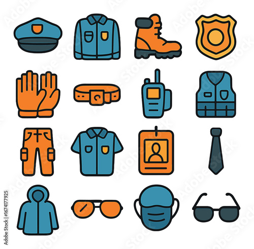 Linear police uniform icon set featuring badge, glove, boot, radio, vest, shirt, belt, and sunglasses symbols