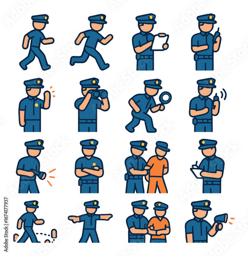 Flat police icon set featuring officer, badge, patrol, arrest, investigation, radio, and handcuffs symbols