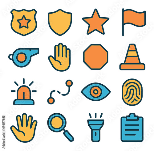 Flat security icon set featuring badge, shield, star, flag, whistle, hands, stop sign, cone, siren, eye