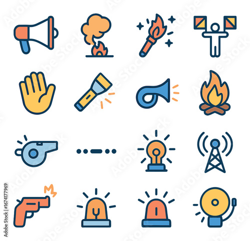 Linear emergency icon set featuring fire, alarm, whistle, torch, tower, and megaphone symbols