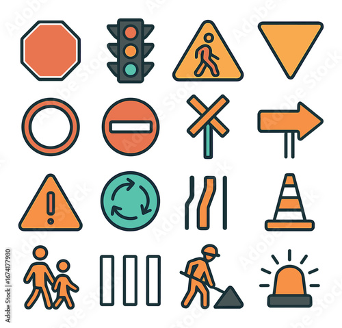 Linear traffic icon set featuring stop sign, traffic light, crosswalk, yield, construction, and alert symbols