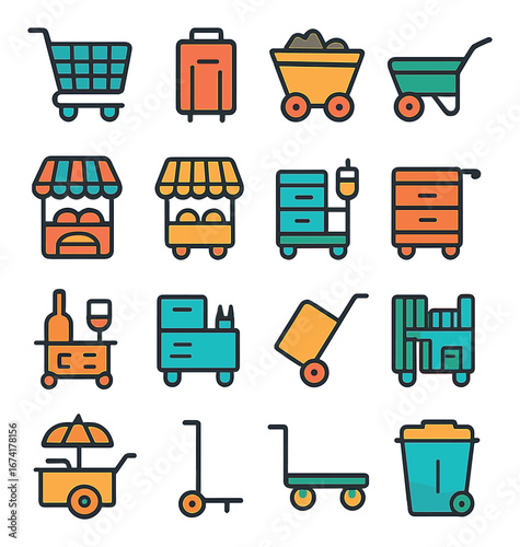 Linear shopping and delivery icon set featuring cart, suitcase, trolley, store, shelves, and trash symbols