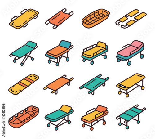 Linear medical icon set featuring stretcher, hospital bed, emergency gurney, patient transport, and ambulance cot designs