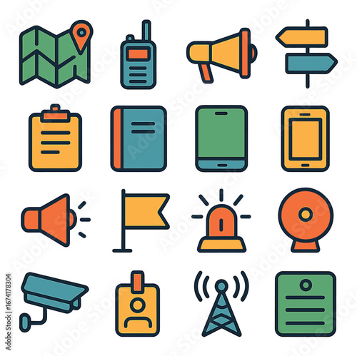 Flat communication icon set featuring map, radio, megaphone, sign, clipboard, book, smartphone, and webcam