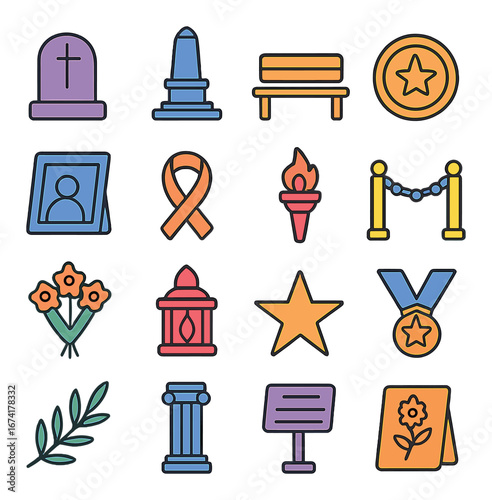 Linear memorial icon set featuring gravestone, monument, bench, photo, ribbon, torch, barrier, and floral symbols
