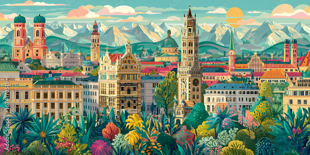 Obraz premium Munich Skyline Panorama Vibrant Cityscape with Alpine Backdrop
