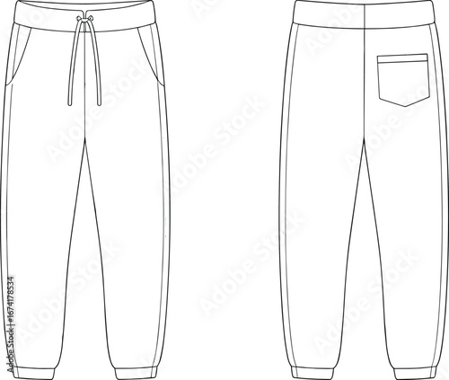 Technical flat sketch of casual jogger pants with front and back views, including drawstring waistband, pockets, and cuffed hems, fashion design illustration.