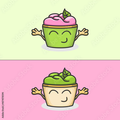 Vector illustration with two variations of funny smiling vegan vegetarian yogurt with face, hands and leaf.