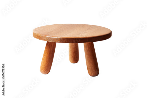 a small, round wooden table with four legs, a simple design, and an isolated on a transparent background in PNG format.