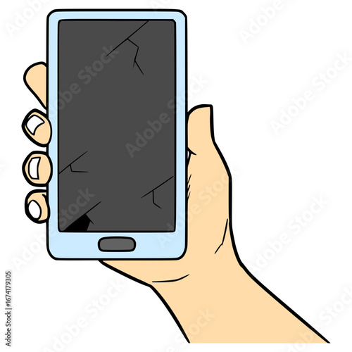 hand holding broken mobile phone illustration hand drawn isolated vector