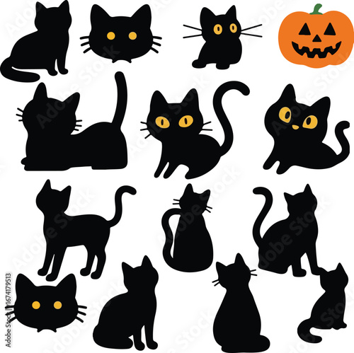 Set of funny black cartoon cats illustration
