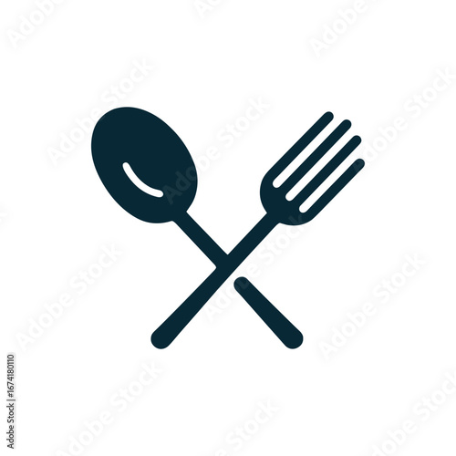 Crossed spoon and fork illustration on a white background, symbolizing dining and culinary themes