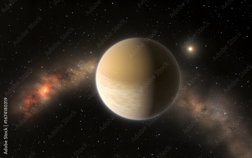 Naklejka premium Venus-like Exoplanet Orbiting Star in Space Nebula