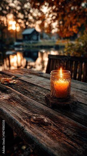 Autumnal candlelight on a rustic wooden table overlooking a serene lake