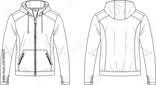 Vector technical flat sketch of a zip-up hooded jacket with zippered pockets, thumb holes on cuffs, elastic hem, detailed front and back views.