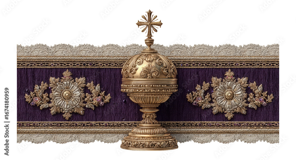 Obraz premium Ornate Golden Chalice on Decorative Fabric with Cross Isolated Background